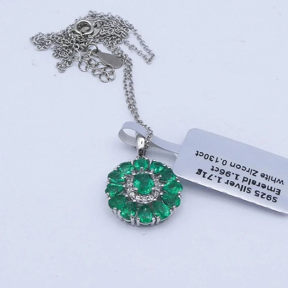 Sparkle Gems Green Zambian Emerald Flower Halo Sterling Silver Necklace 20in